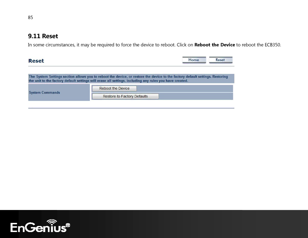 EnGenius Technologies ECB350 manual Reset 