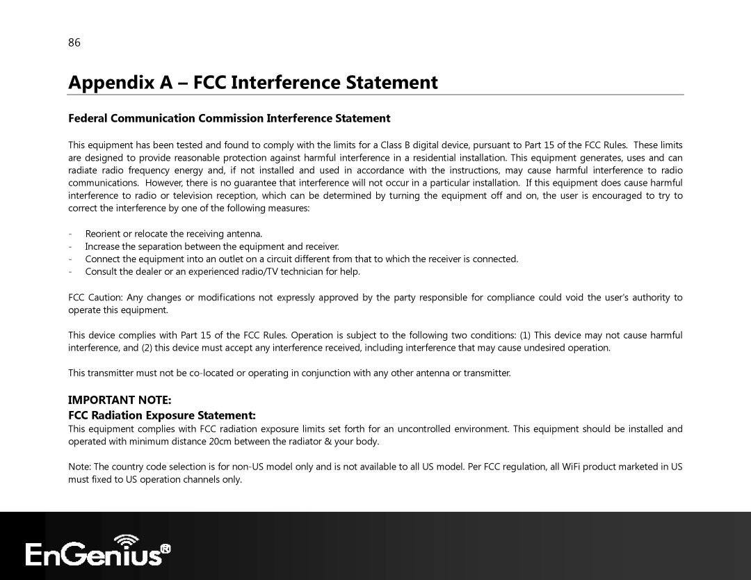 EnGenius Technologies ECB350 Federal Communication Commission Interference Statement, FCC Radiation Exposure Statement 