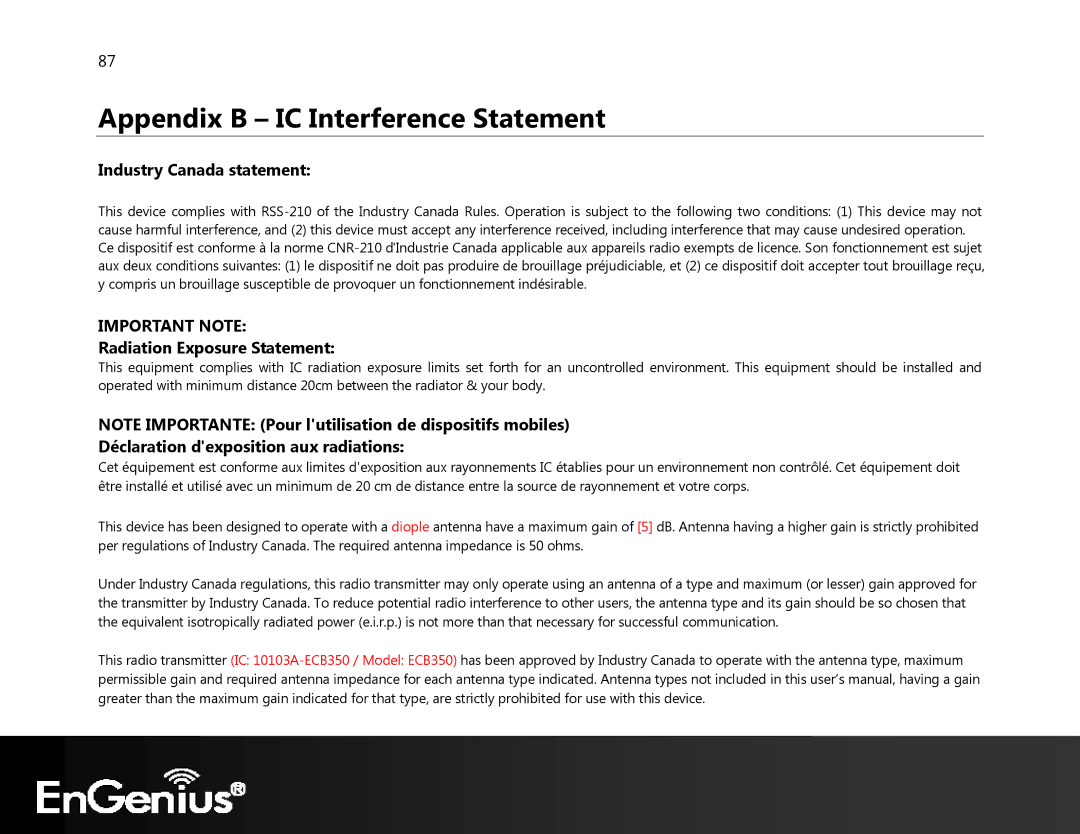 EnGenius Technologies ECB350 manual Industry Canada statement, Radiation Exposure Statement 