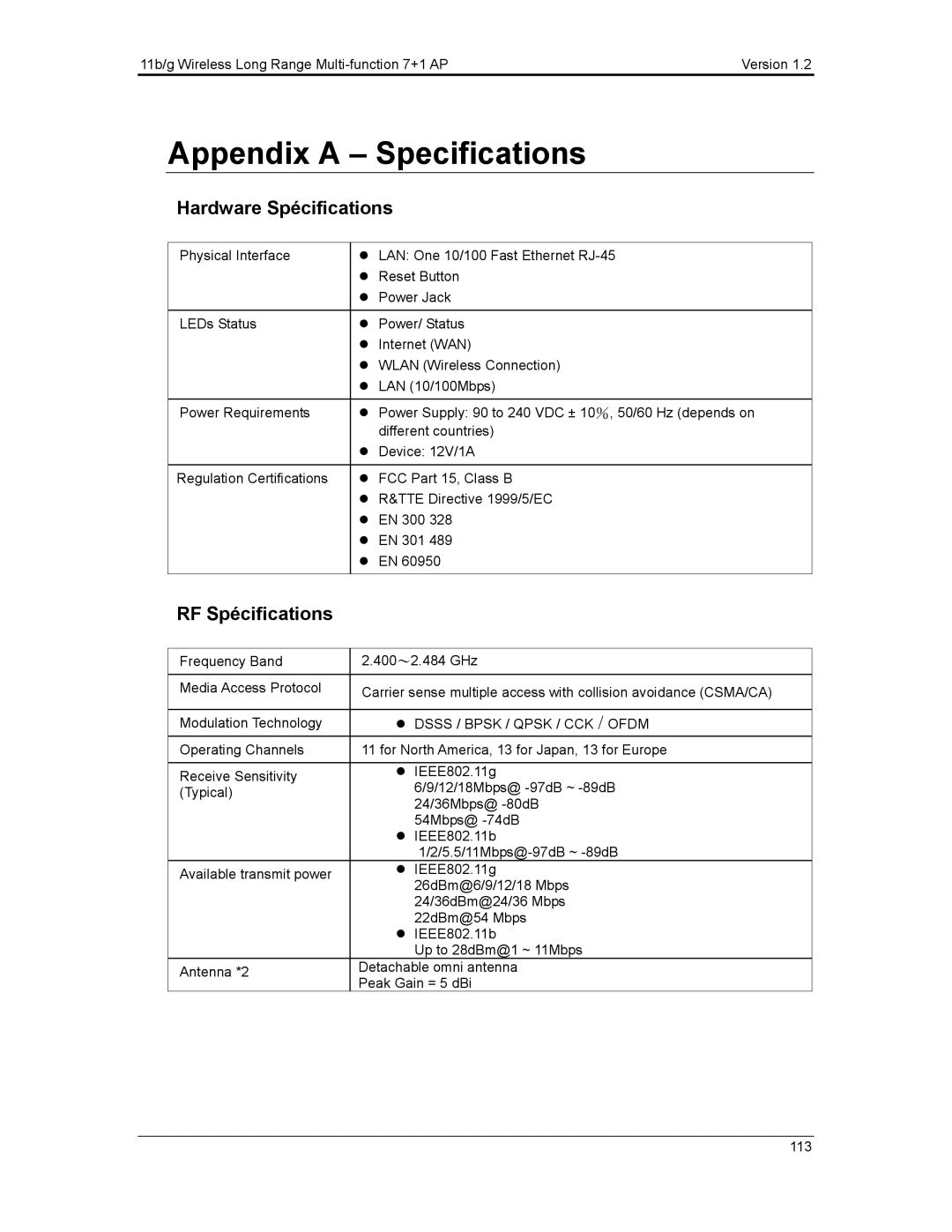 EnGenius Technologies ECB3500 user manual Appendix a Specifications, Hardware Spécifications, RF Spécifications 