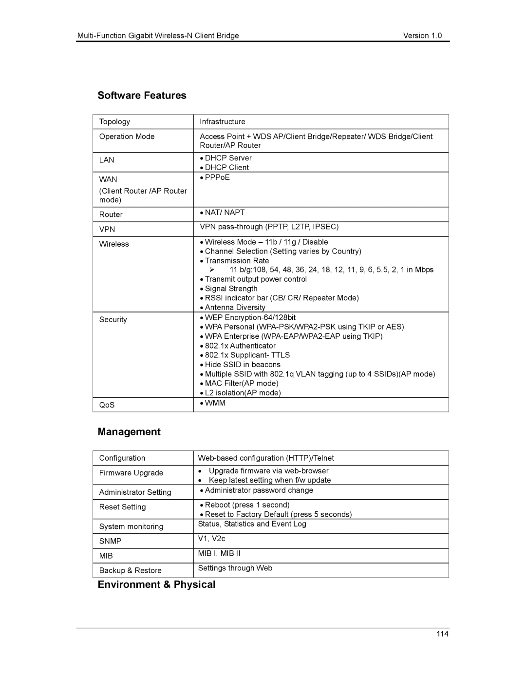 EnGenius Technologies ECB3500 user manual Software Features, Environment & Physical 