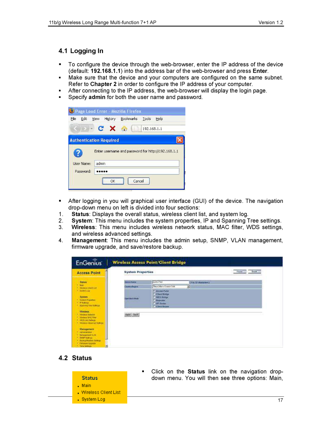 EnGenius Technologies ECB3500 user manual Logging, Status 