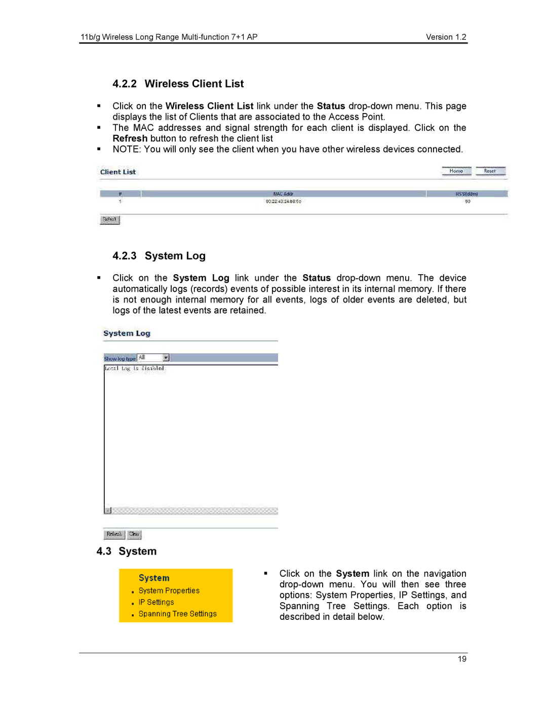 EnGenius Technologies ECB3500 user manual Wireless Client List, System Log 