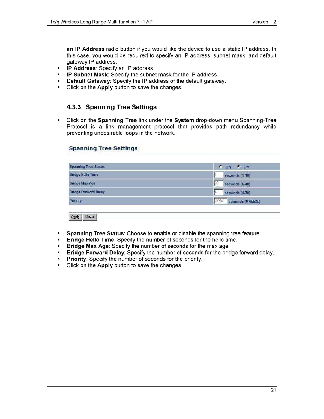 EnGenius Technologies ECB3500 user manual Spanning Tree Settings 