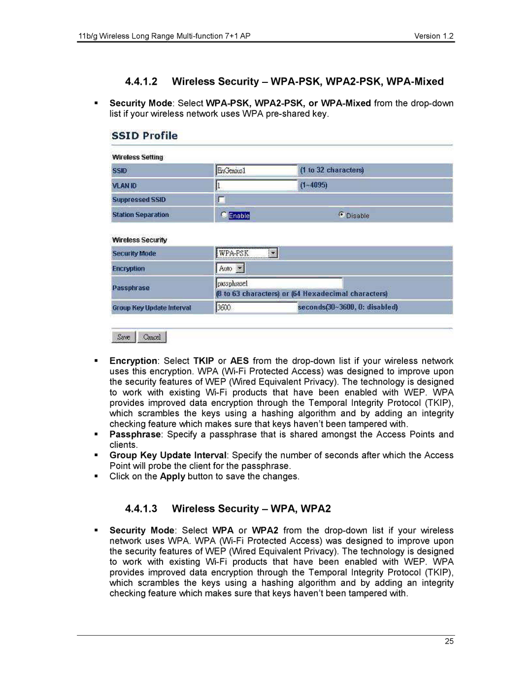 EnGenius Technologies ECB3500 user manual Wireless Security WPA-PSK, WPA2-PSK, WPA-Mixed, Wireless Security WPA, WPA2 