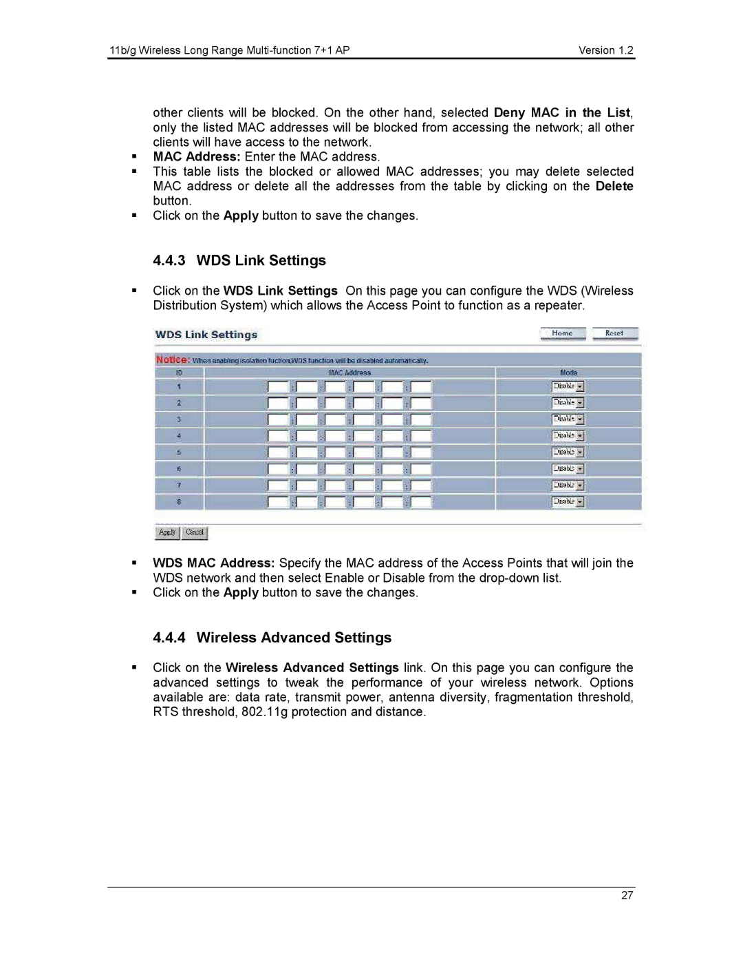 EnGenius Technologies ECB3500 user manual WDS Link Settings, Wireless Advanced Settings 