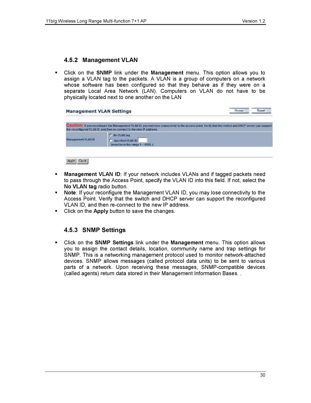 EnGenius Technologies ECB3500 user manual Management Vlan, Snmp Settings 