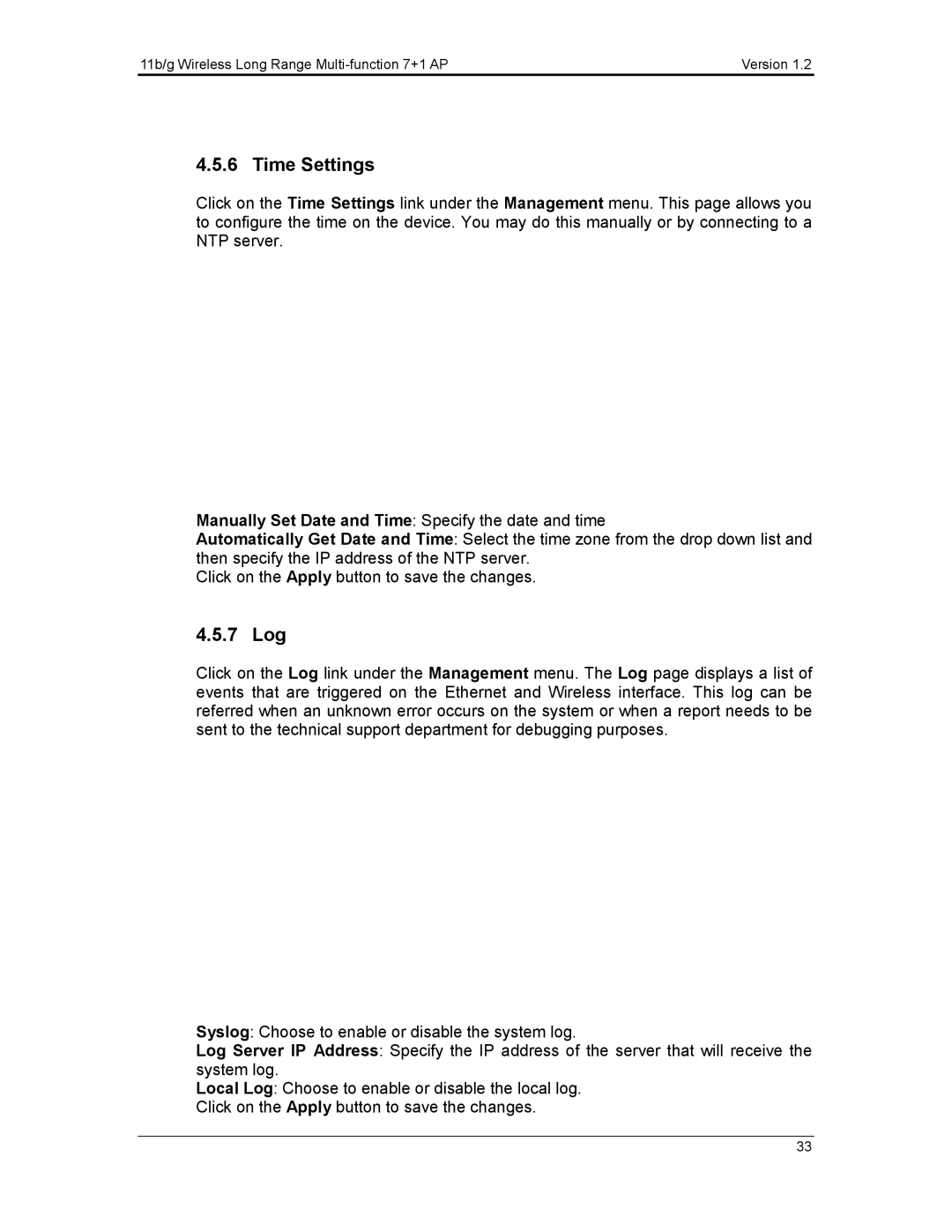 EnGenius Technologies ECB3500 user manual Time Settings, 7 Log 