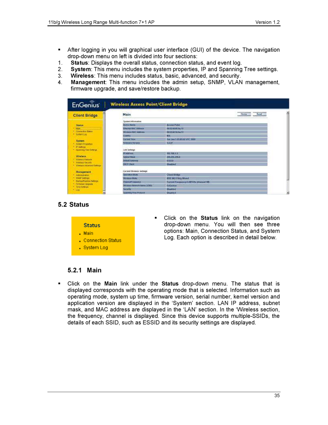 EnGenius Technologies ECB3500 user manual Status 