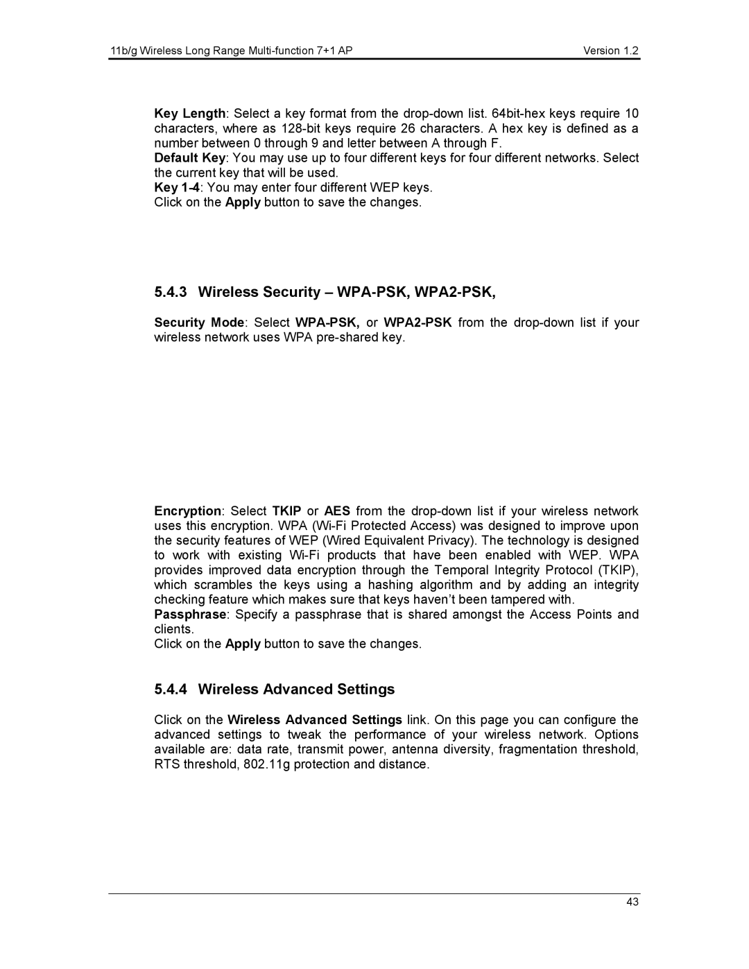 EnGenius Technologies ECB3500 user manual Wireless Security WPA-PSK, WPA2-PSK, Wireless Advanced Settings 