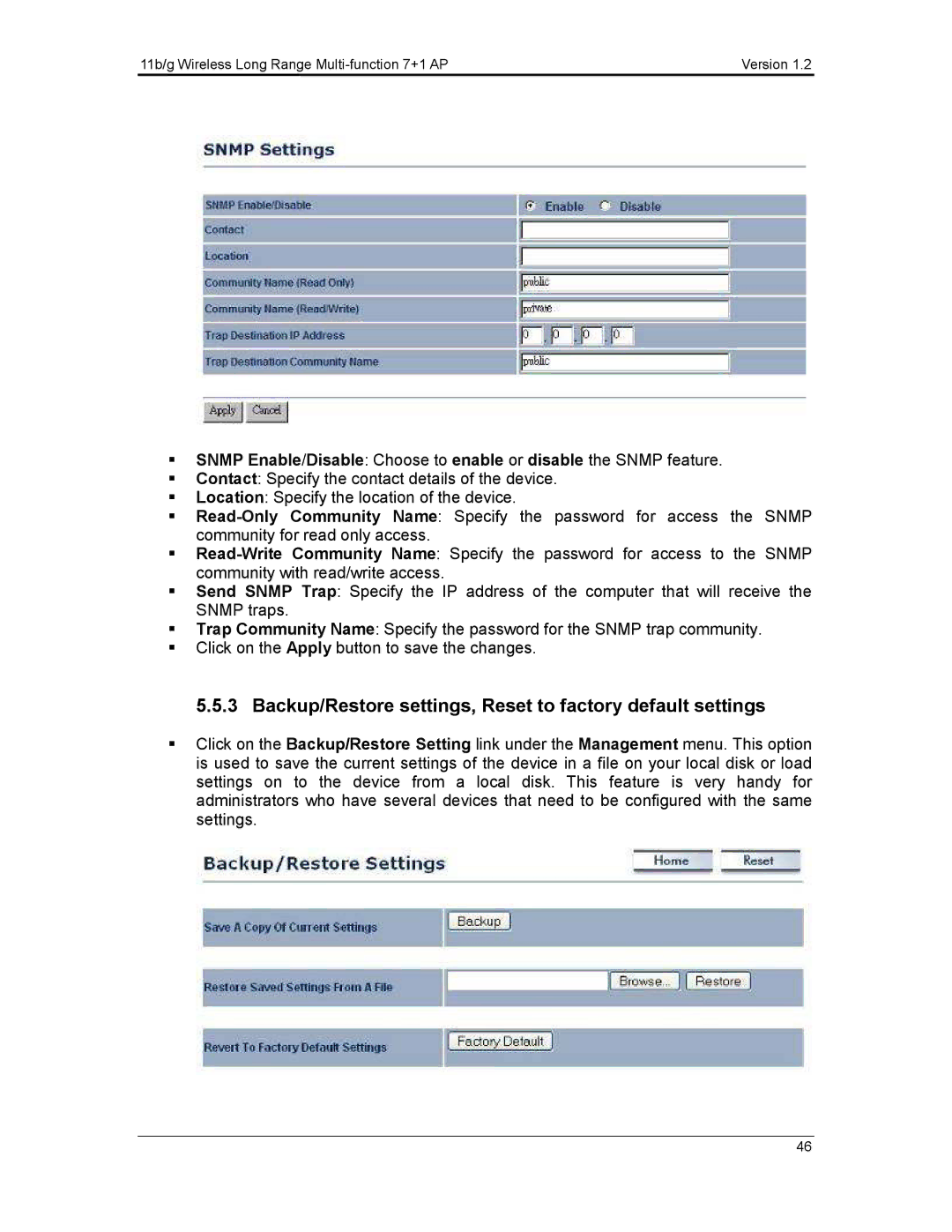 EnGenius Technologies ECB3500 user manual Backup/Restore settings, Reset to factory default settings 