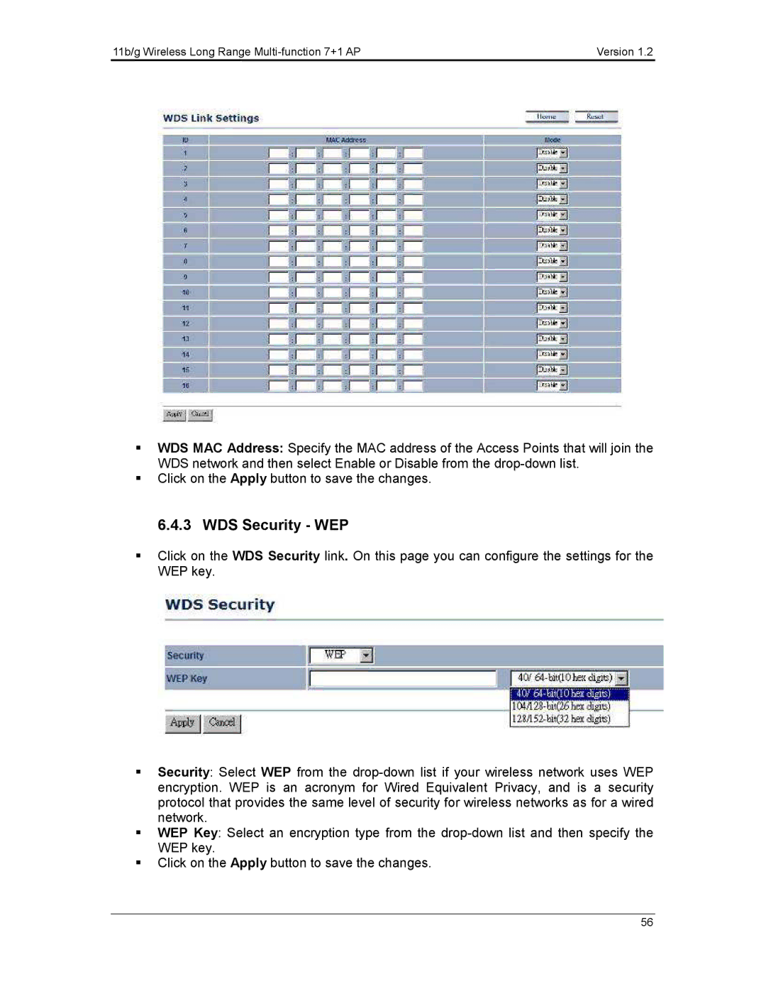 EnGenius Technologies ECB3500 user manual WDS Security WEP 