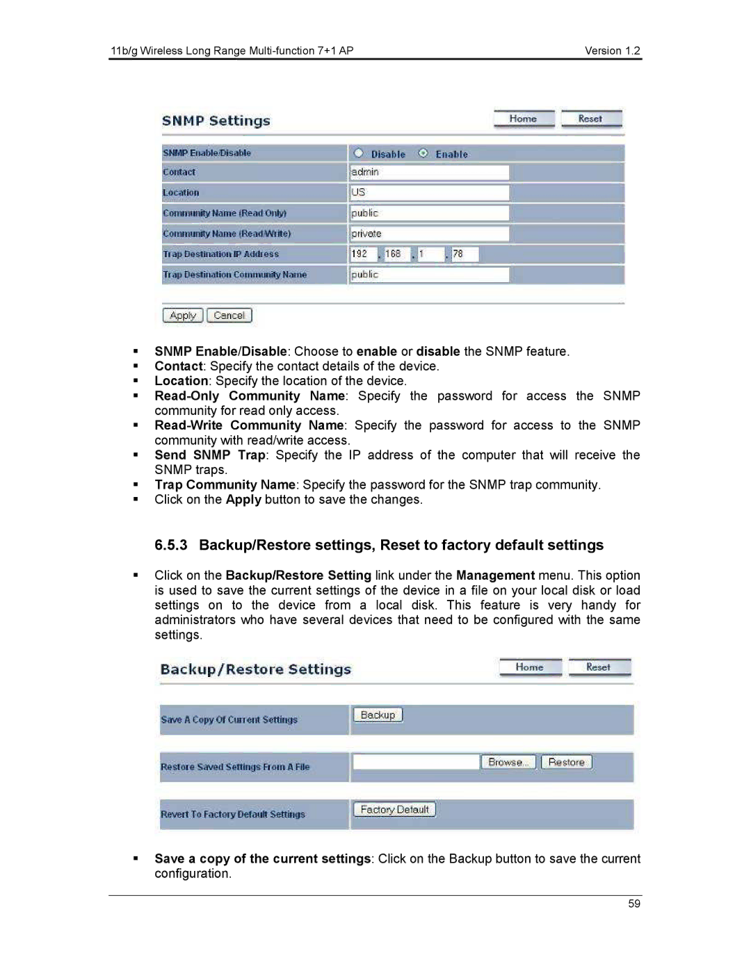 EnGenius Technologies ECB3500 user manual Backup/Restore settings, Reset to factory default settings 