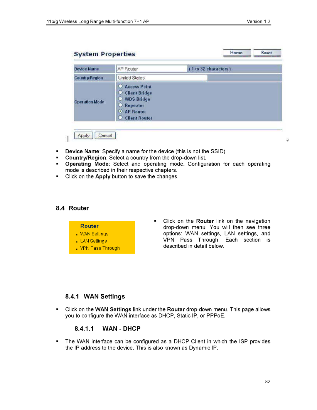 EnGenius Technologies ECB3500 user manual Router, WAN Settings, WAN Dhcp 