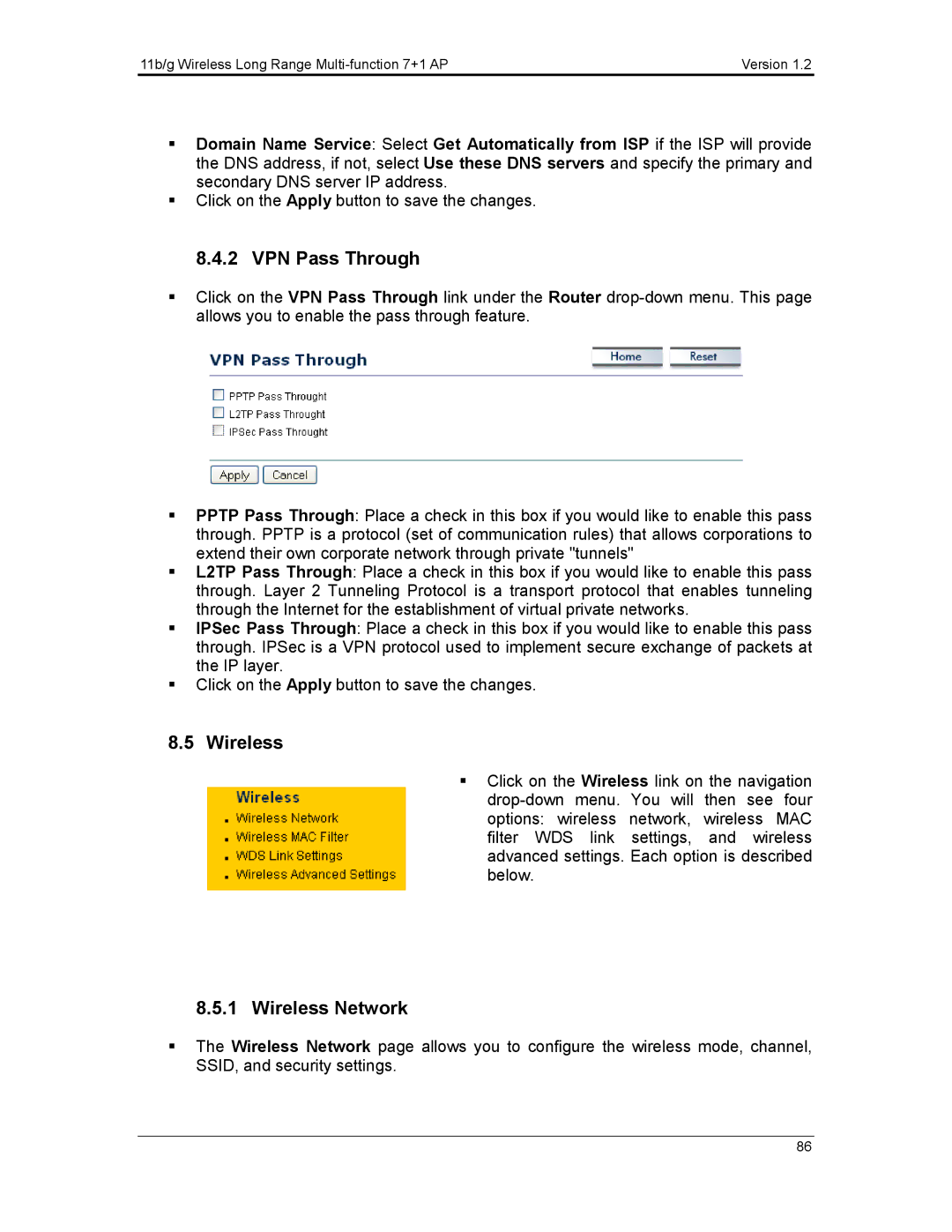 EnGenius Technologies ECB3500 user manual VPN Pass Through, Wireless 