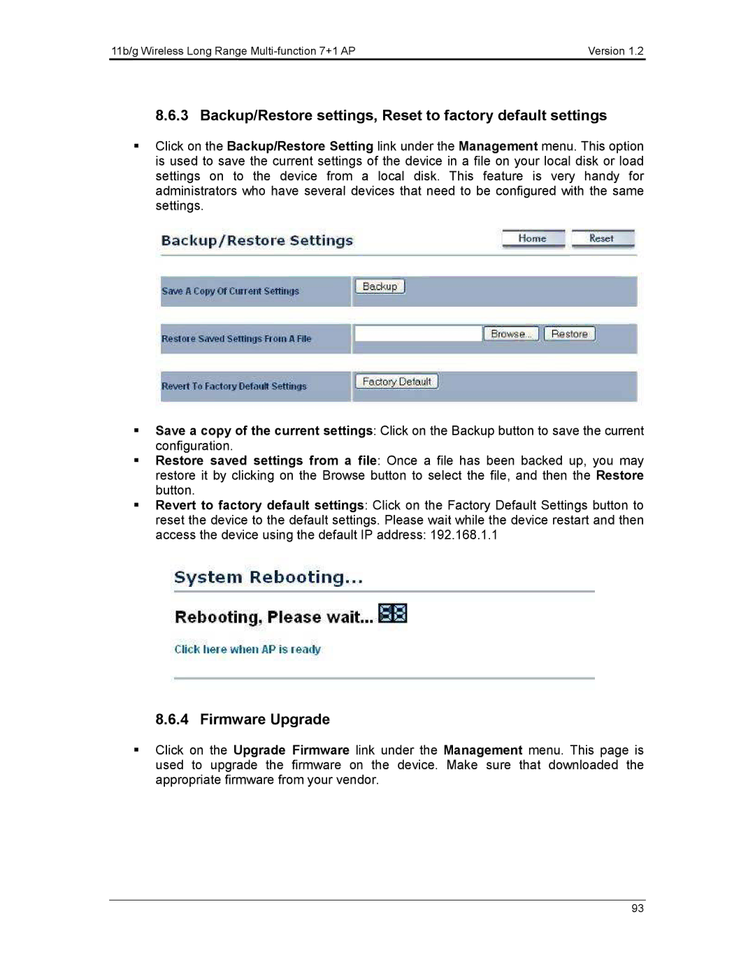 EnGenius Technologies ECB3500 user manual Backup/Restore settings, Reset to factory default settings 