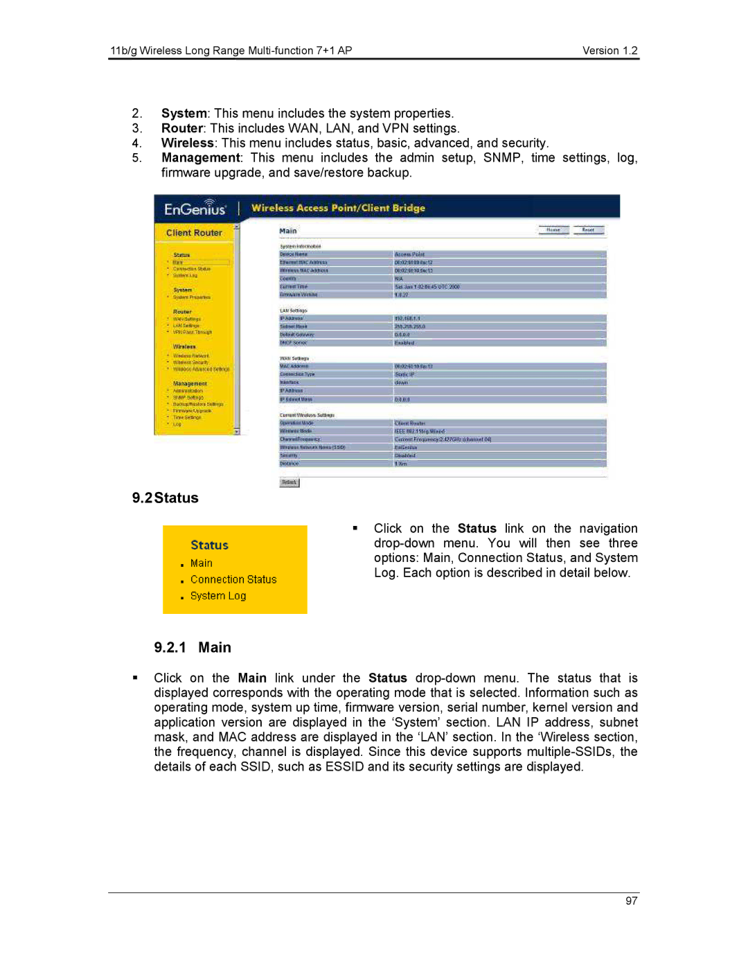 EnGenius Technologies ECB3500 user manual 2Status, Main 