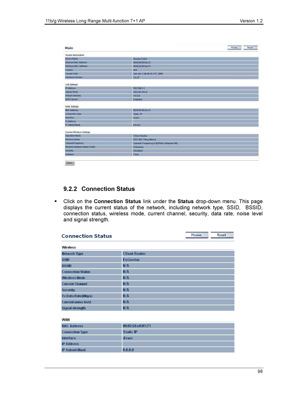 EnGenius Technologies ECB3500 user manual Connection Status 