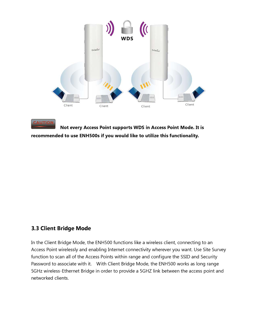 EnGenius Technologies ENH500 user manual Client Bridge Mode 