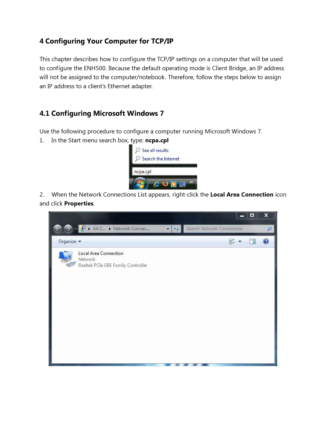 EnGenius Technologies ENH500 user manual Configuring Your Computer for TCP/IP, Configuring Microsoft Windows 