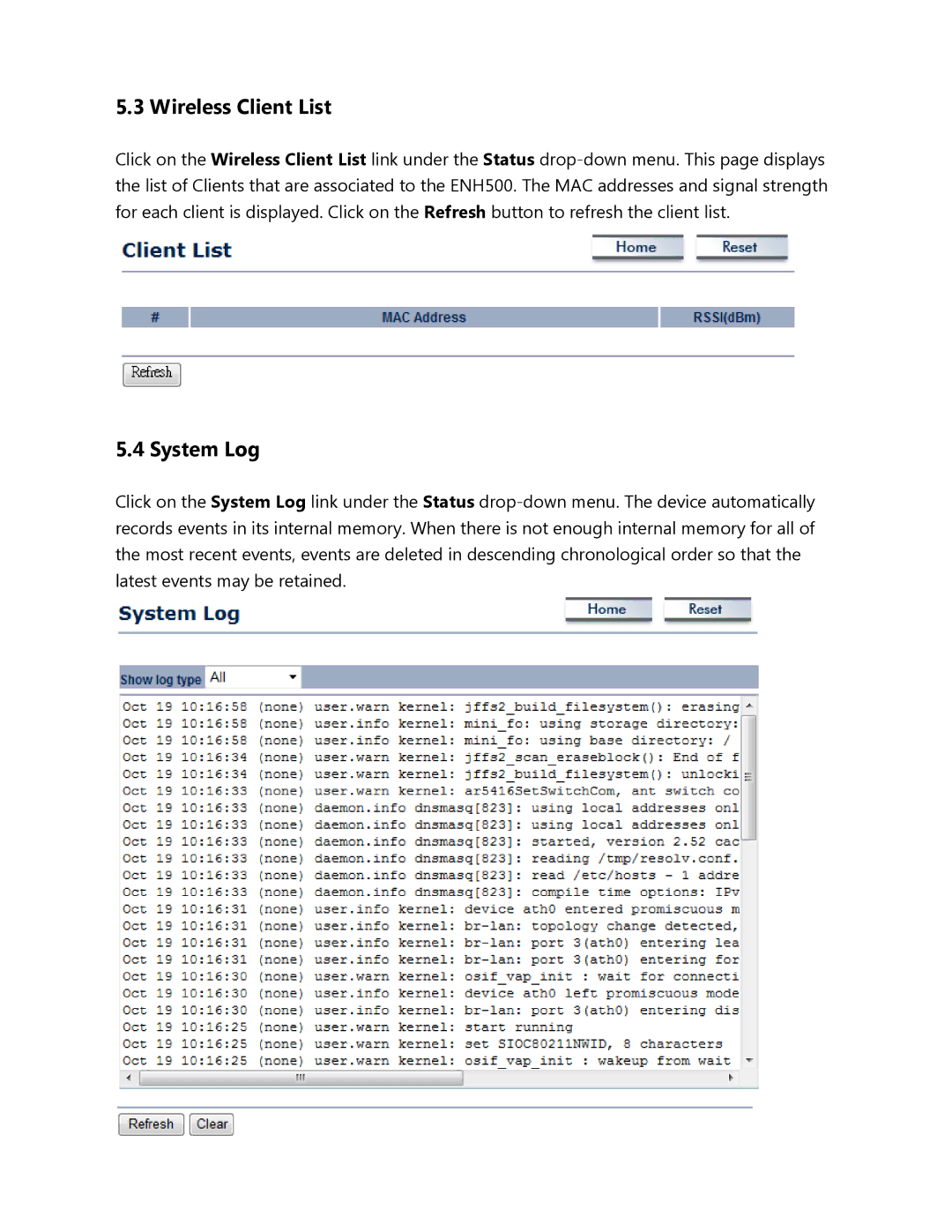 EnGenius Technologies ENH500 user manual Wireless Client List, System Log 