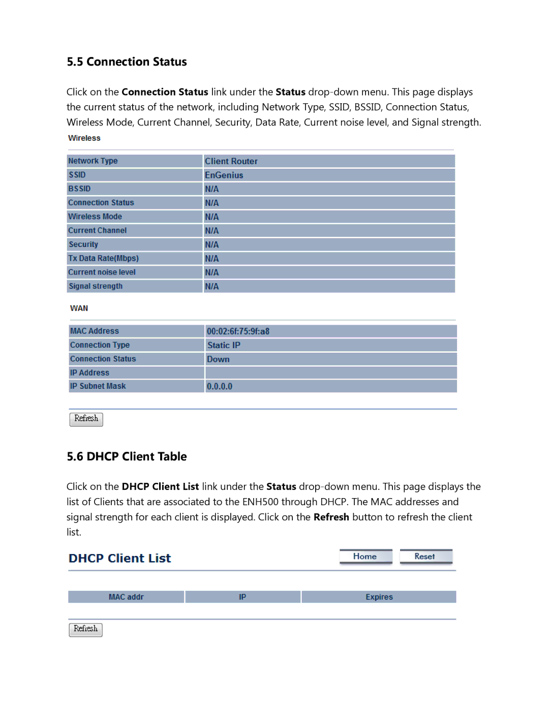 EnGenius Technologies ENH500 user manual Connection Status, Dhcp Client Table 