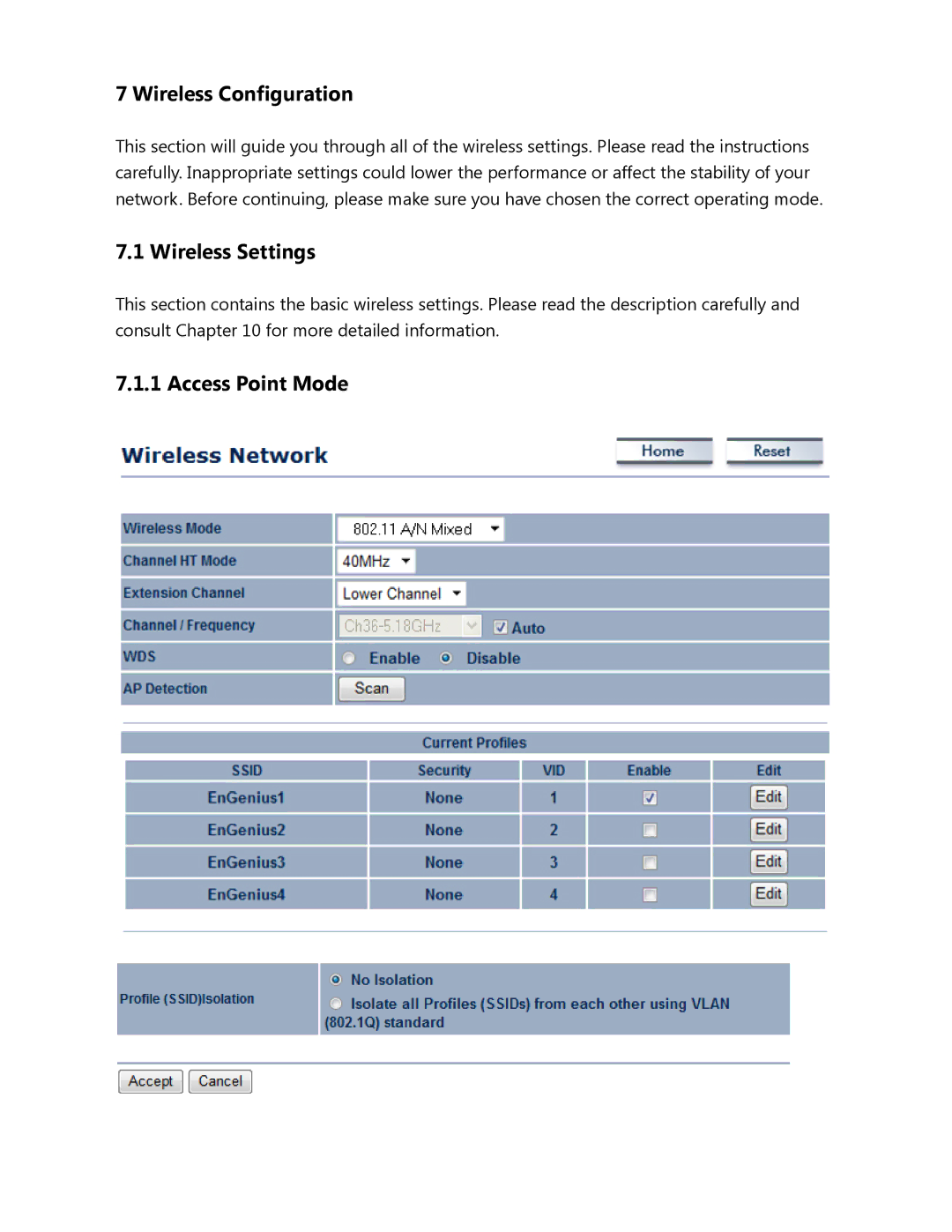 EnGenius Technologies ENH500 user manual Wireless Configuration, Wireless Settings 