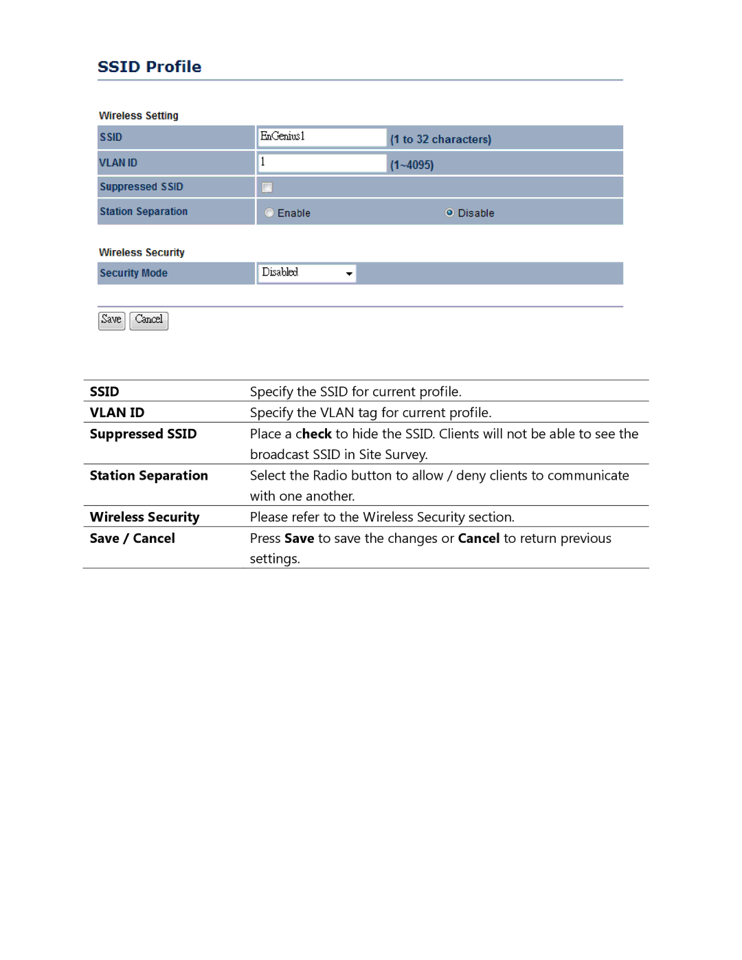 EnGenius Technologies ENH500 user manual Suppressed Ssid, Station Separation, Wireless Security, Save / Cancel 