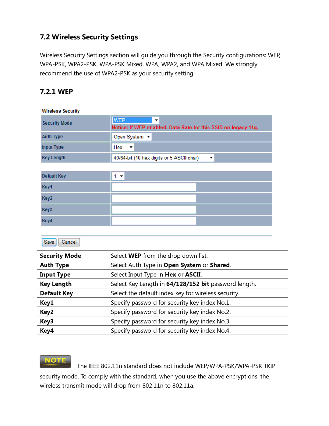 EnGenius Technologies ENH500 user manual Wireless Security Settings, 1 WEP 