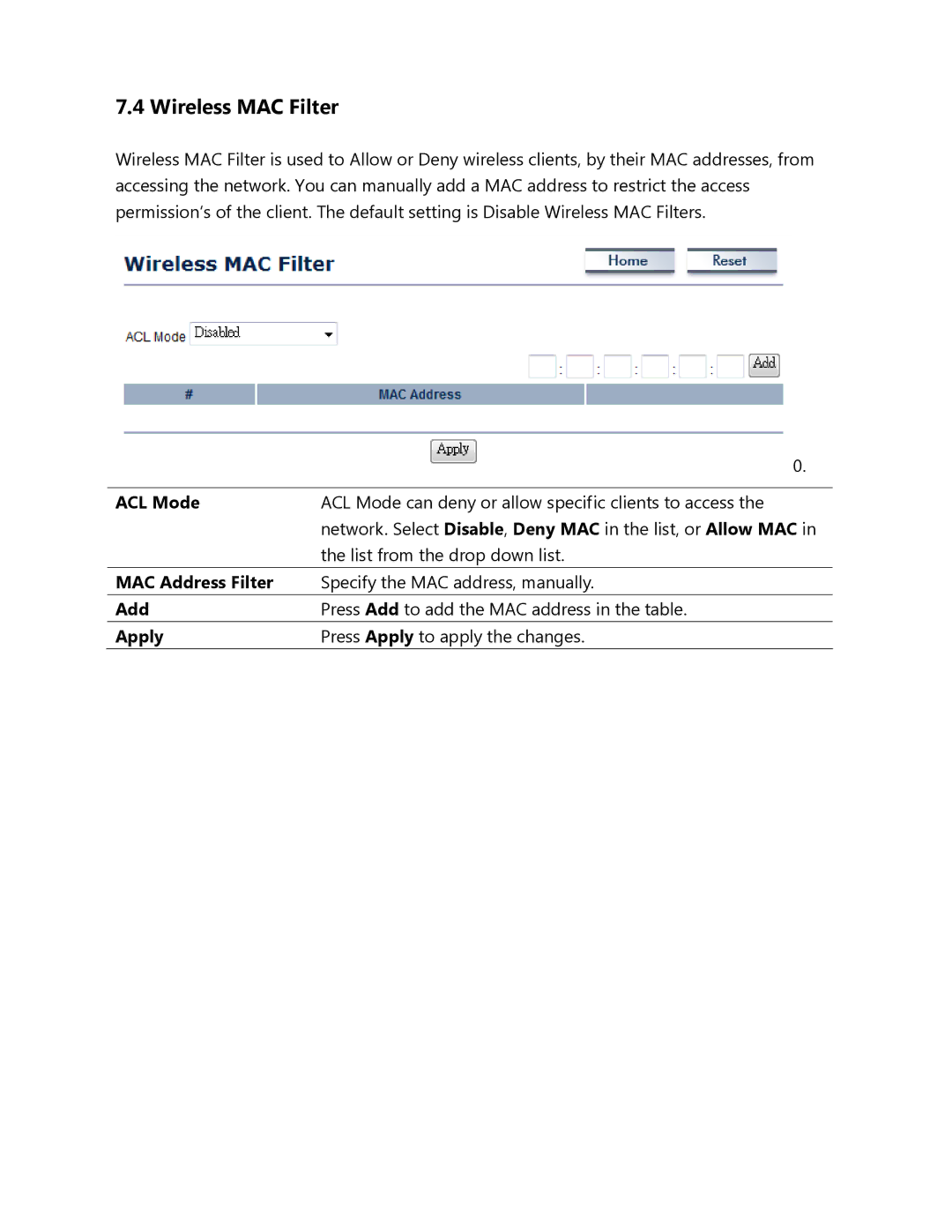 EnGenius Technologies ENH500 user manual Wireless MAC Filter, ACL Mode, MAC Address Filter, Apply 