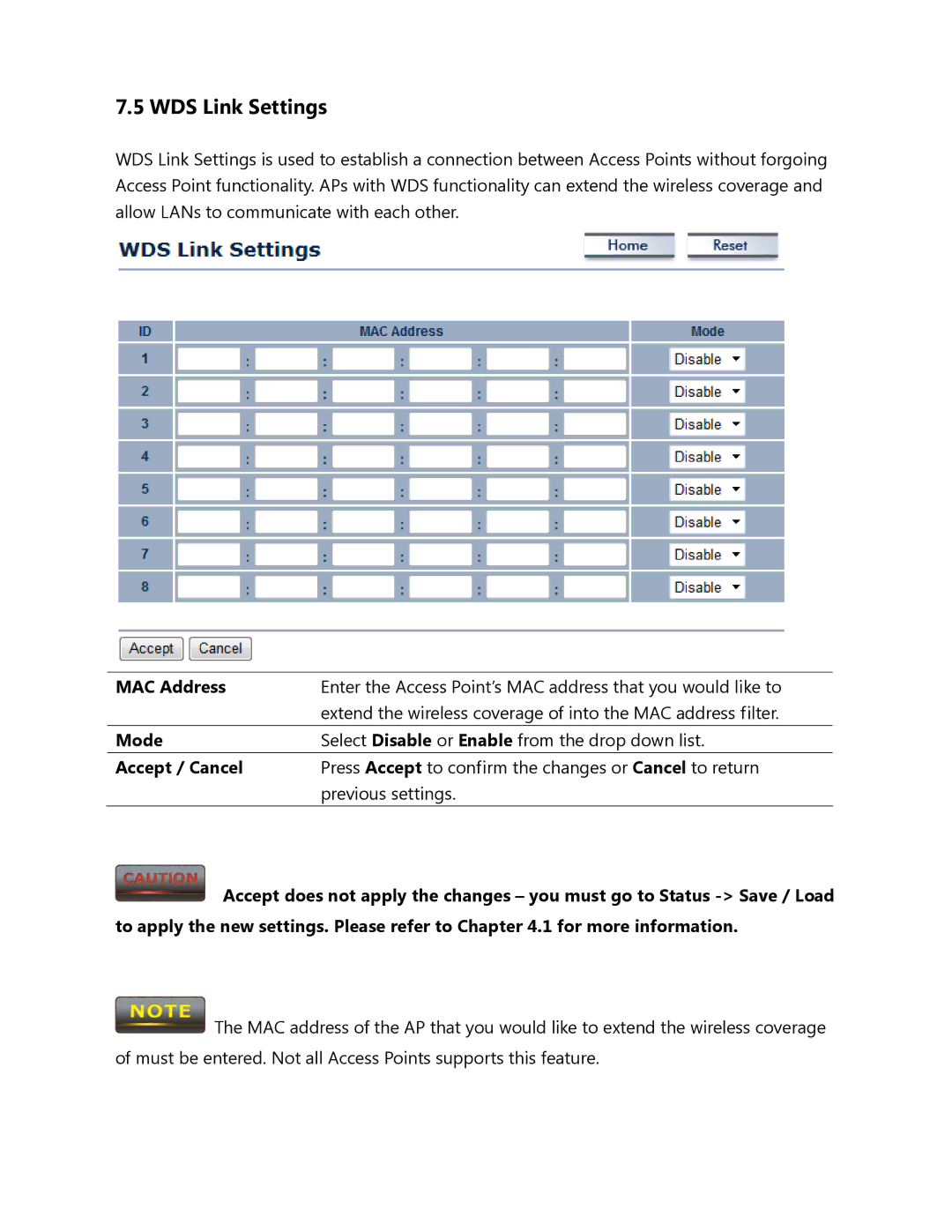 EnGenius Technologies ENH500 user manual WDS Link Settings, MAC Address 