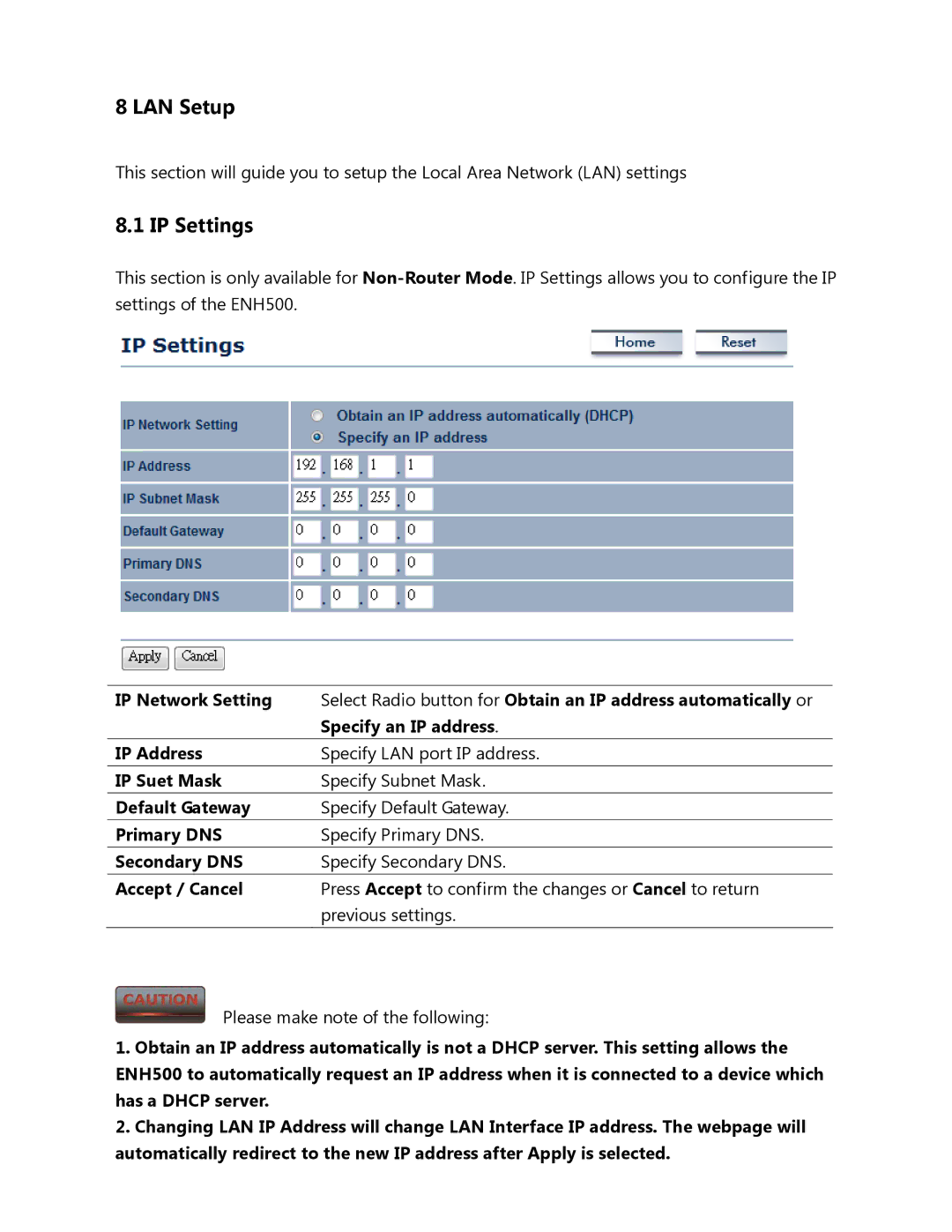 EnGenius Technologies ENH500 user manual LAN Setup, IP Settings 