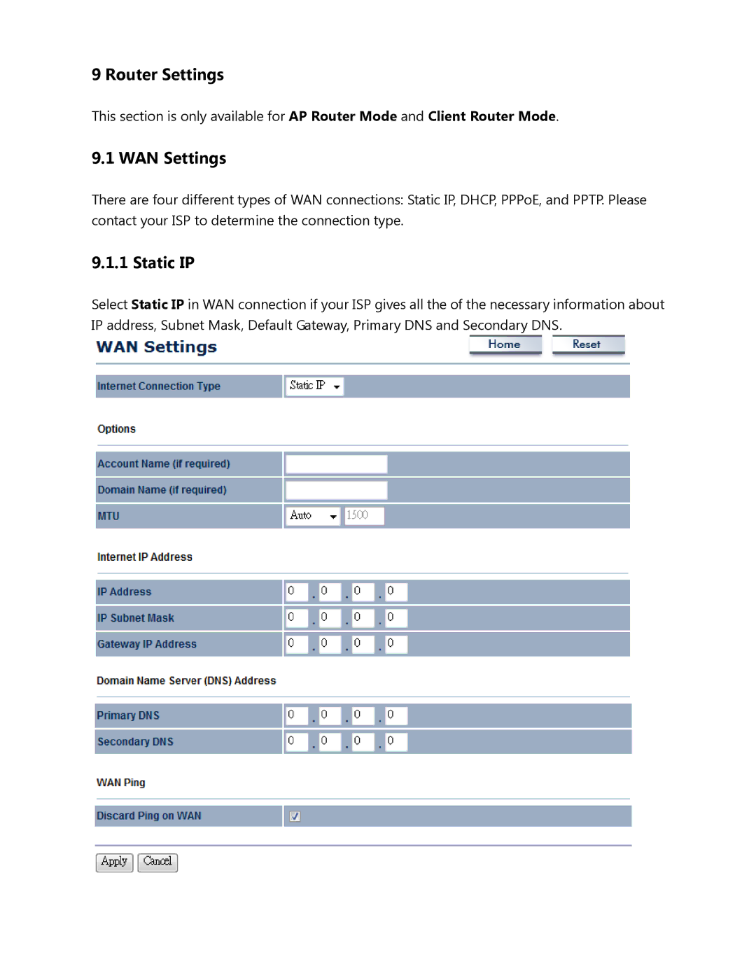 EnGenius Technologies ENH500 user manual Router Settings, WAN Settings, Static IP 