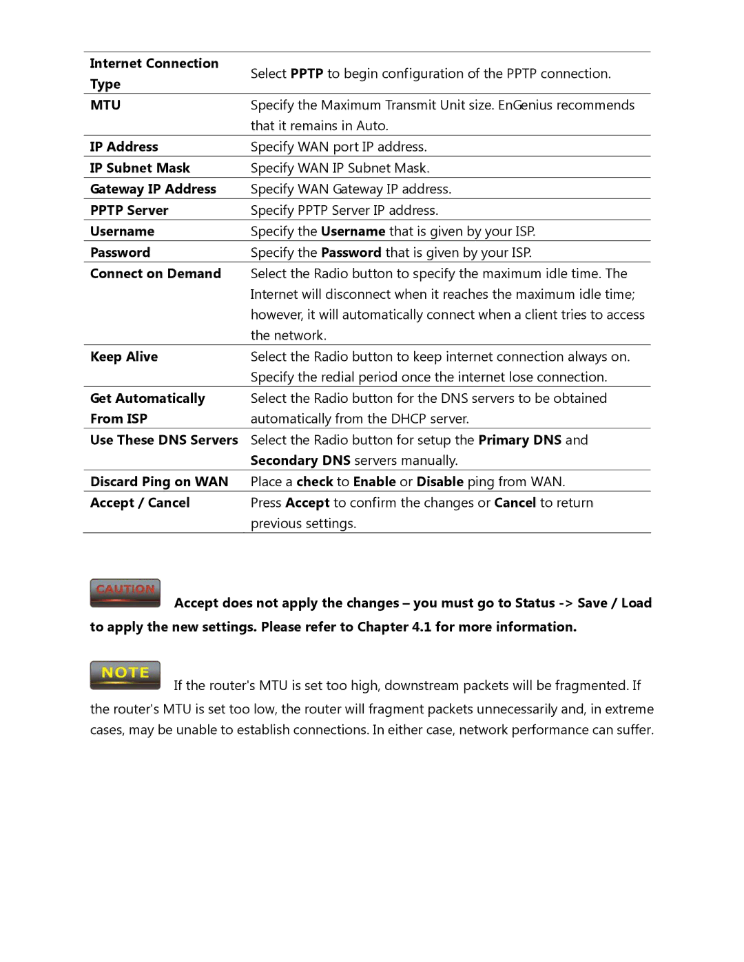 EnGenius Technologies ENH500 user manual Pptp Server, Username 