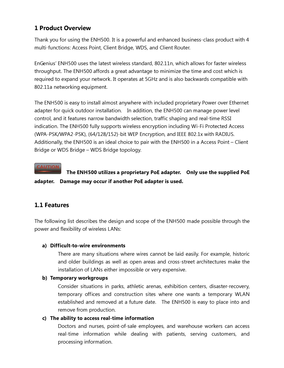 EnGenius Technologies ENH500 user manual Product Overview, Features, Difficult-to-wire environments, Temporary workgroups 