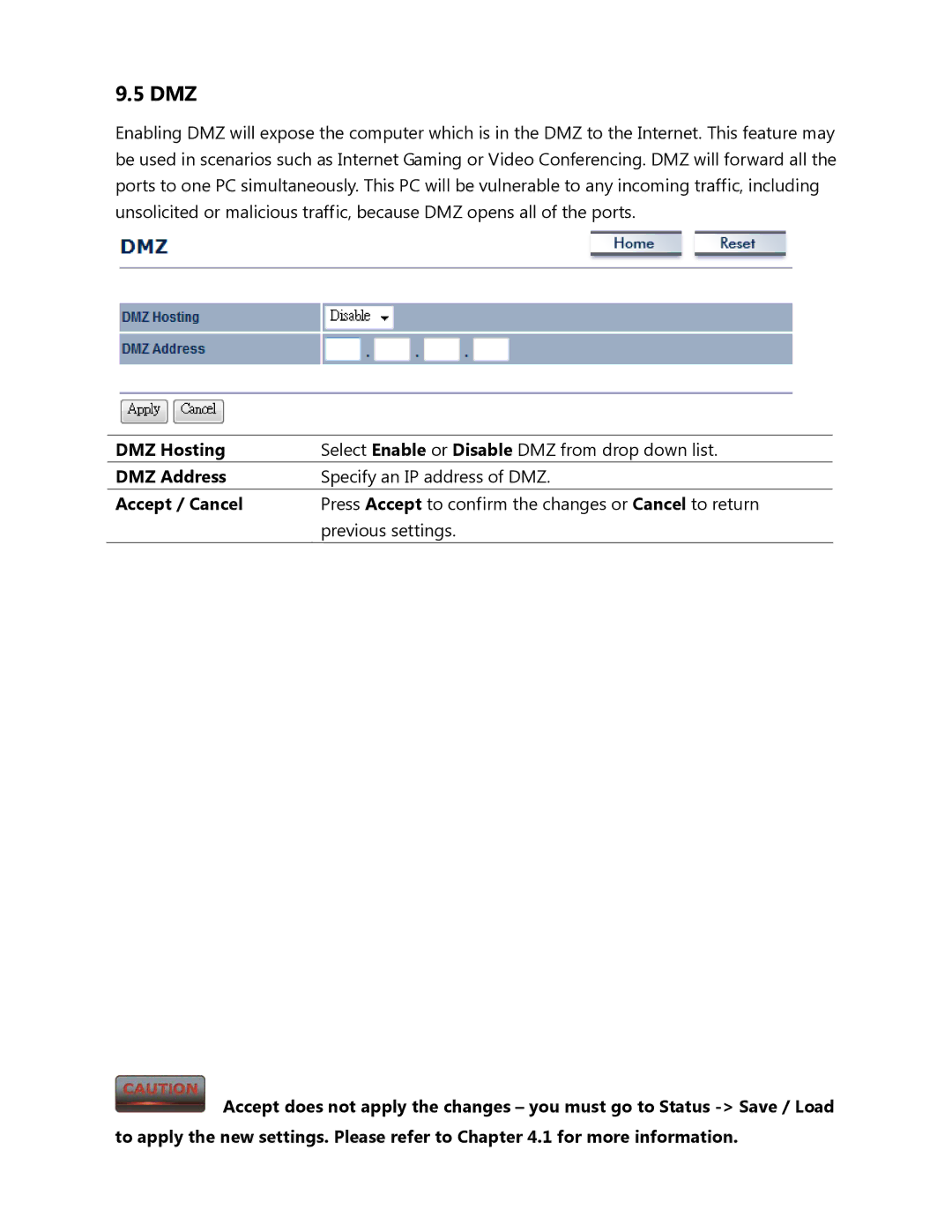 EnGenius Technologies ENH500 user manual Dmz, DMZ Hosting, DMZ Address 