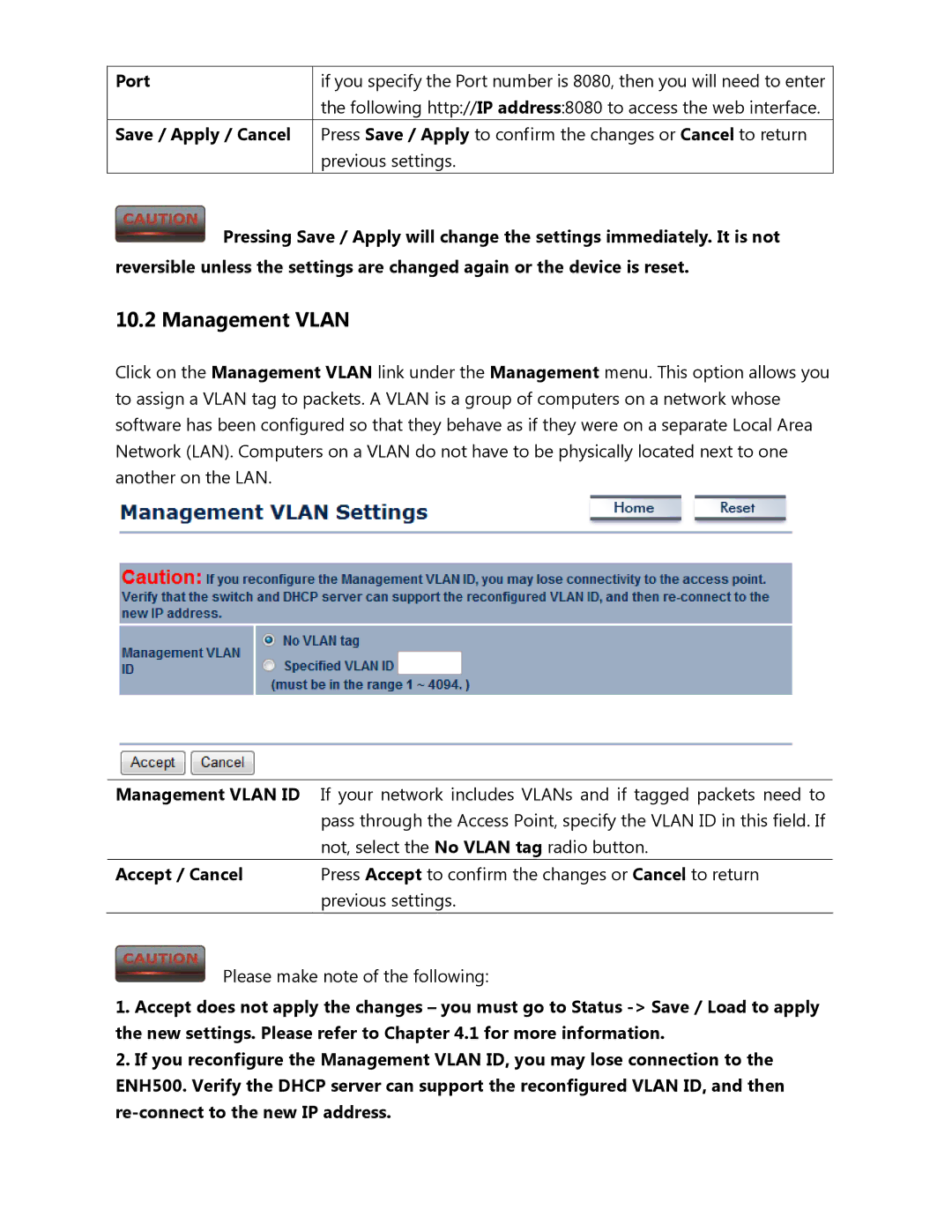 EnGenius Technologies ENH500 user manual Management Vlan, Port, Save / Apply / Cancel 