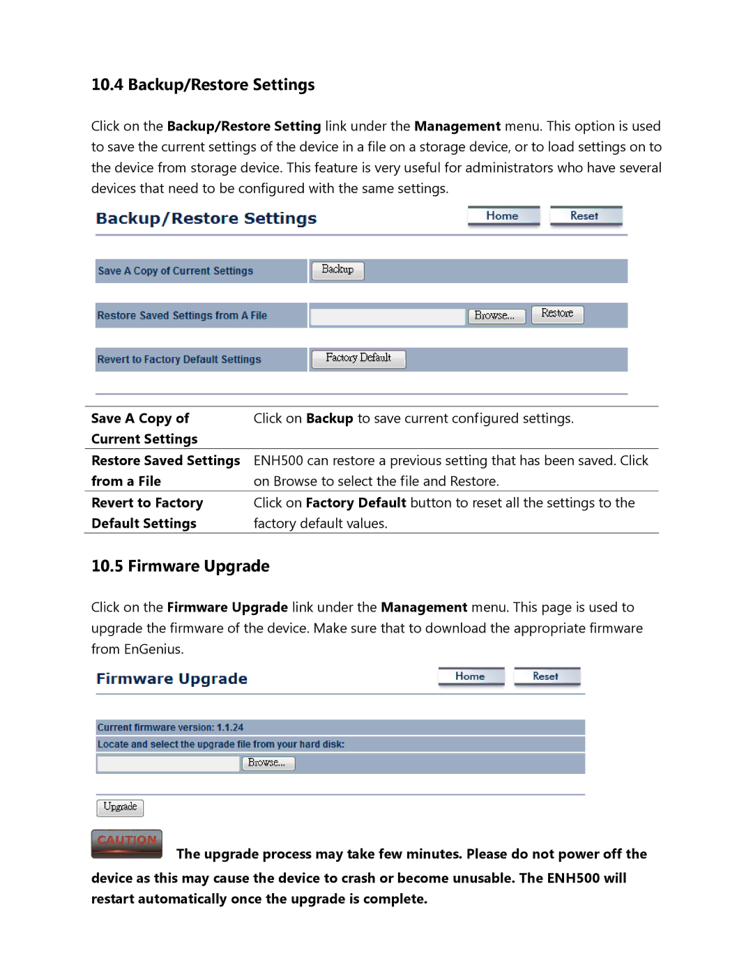 EnGenius Technologies ENH500 user manual Backup/Restore Settings, Firmware Upgrade 