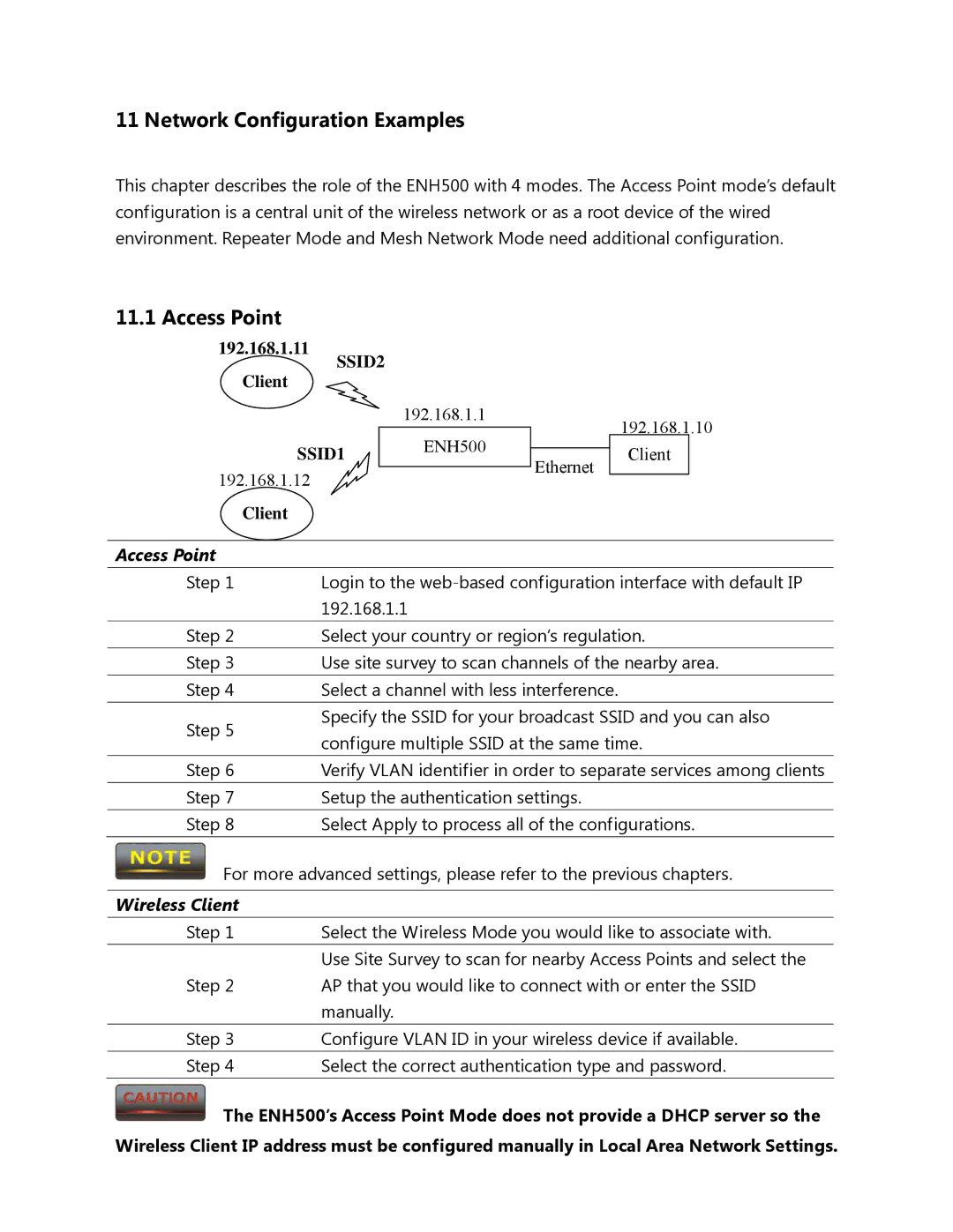 EnGenius Technologies ENH500 user manual Network Configuration Examples, Access Point 