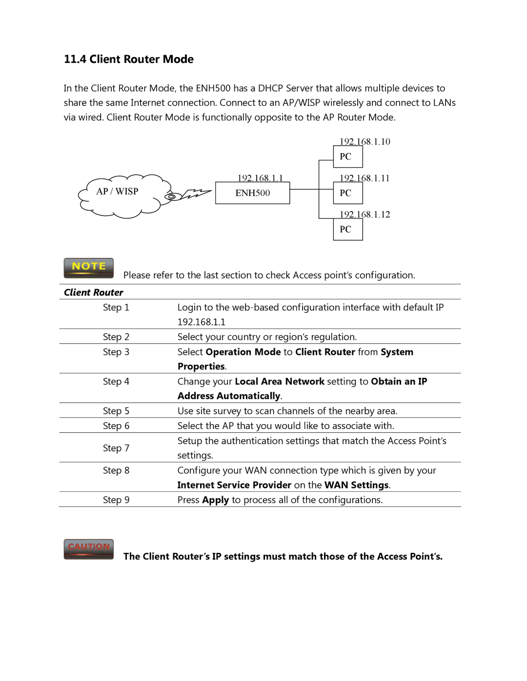 EnGenius Technologies ENH500 user manual Select Operation Mode to Client Router from System, Address Automatically 