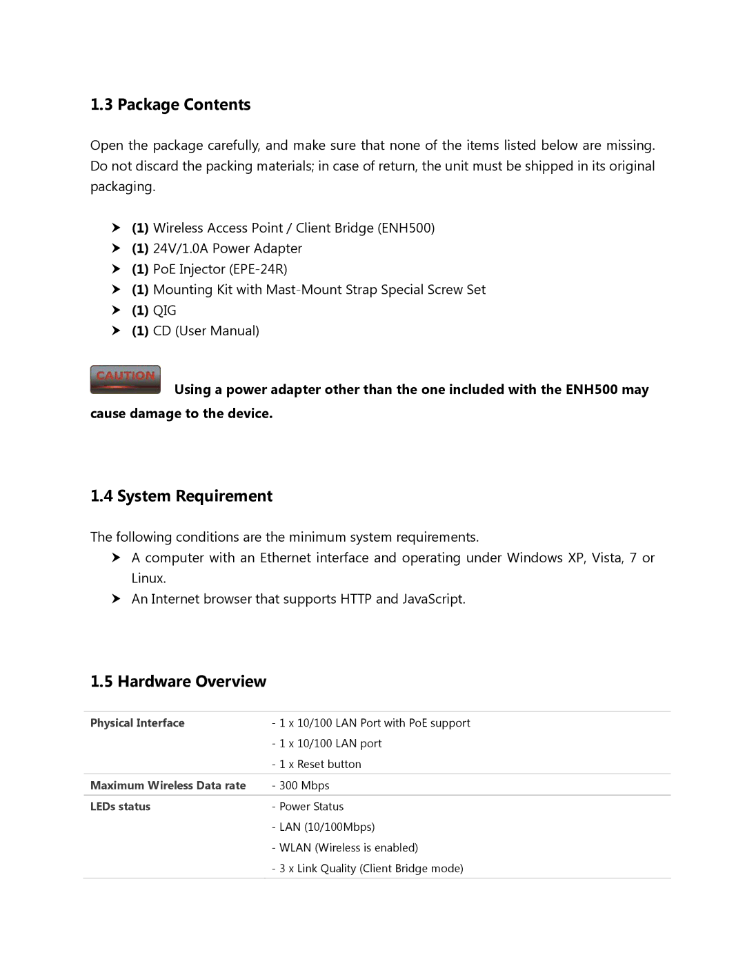 EnGenius Technologies ENH500 user manual Package Contents, System Requirement, Hardware Overview 