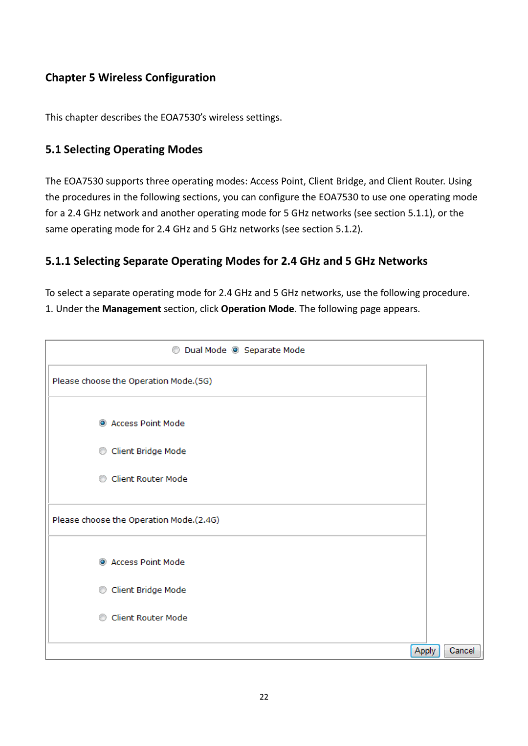 EnGenius Technologies EOA7530 manual Wireless Configuration, Selecting Operating Modes 