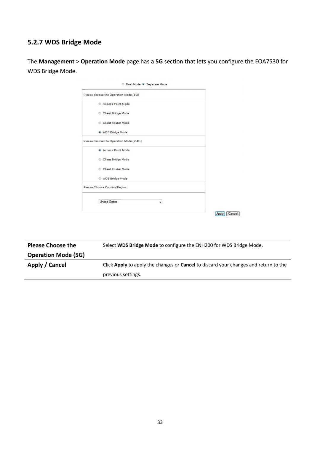 EnGenius Technologies EOA7530 manual WDS Bridge Mode, Please Choose, Operation Mode 5G Apply / Cancel 