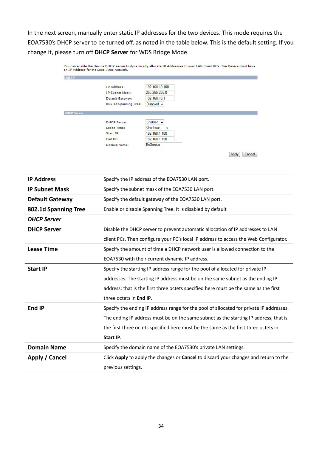 EnGenius Technologies EOA7530 IP Address, IP Subnet Mask, Default Gateway, 802.1d Spanning Tree, Dhcp Server, Lease Time 