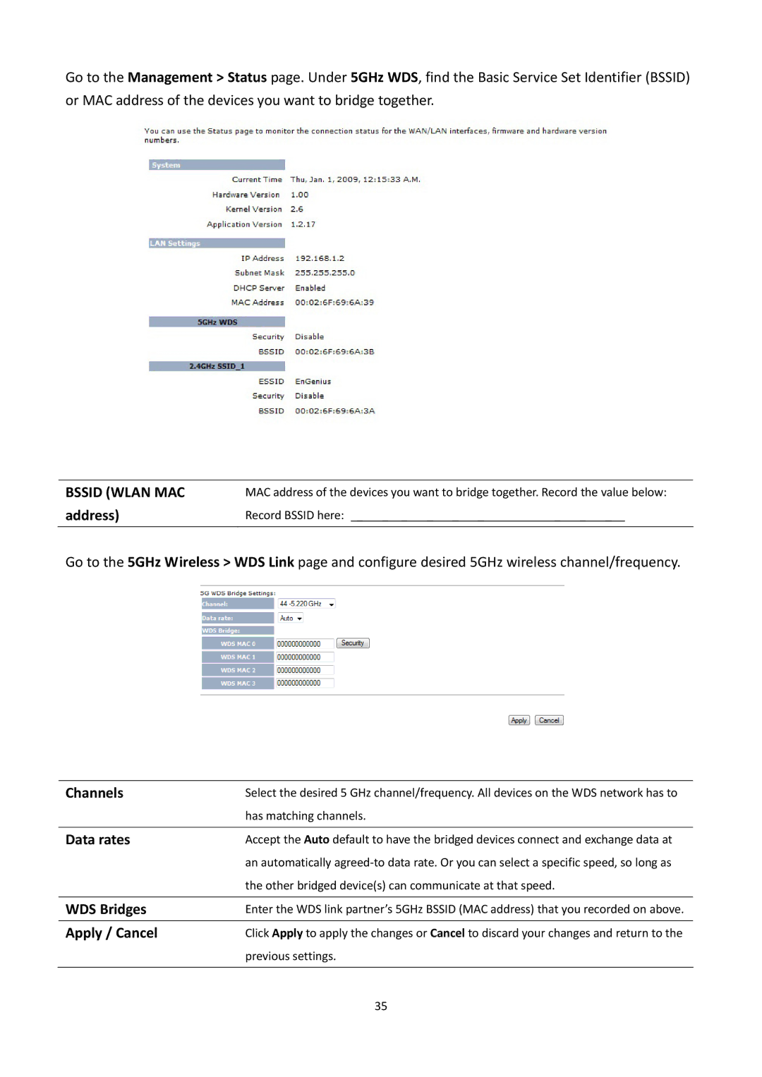 EnGenius Technologies EOA7530 manual Bssid Wlan MAC, Address, Channels, Data rates, WDS Bridges 