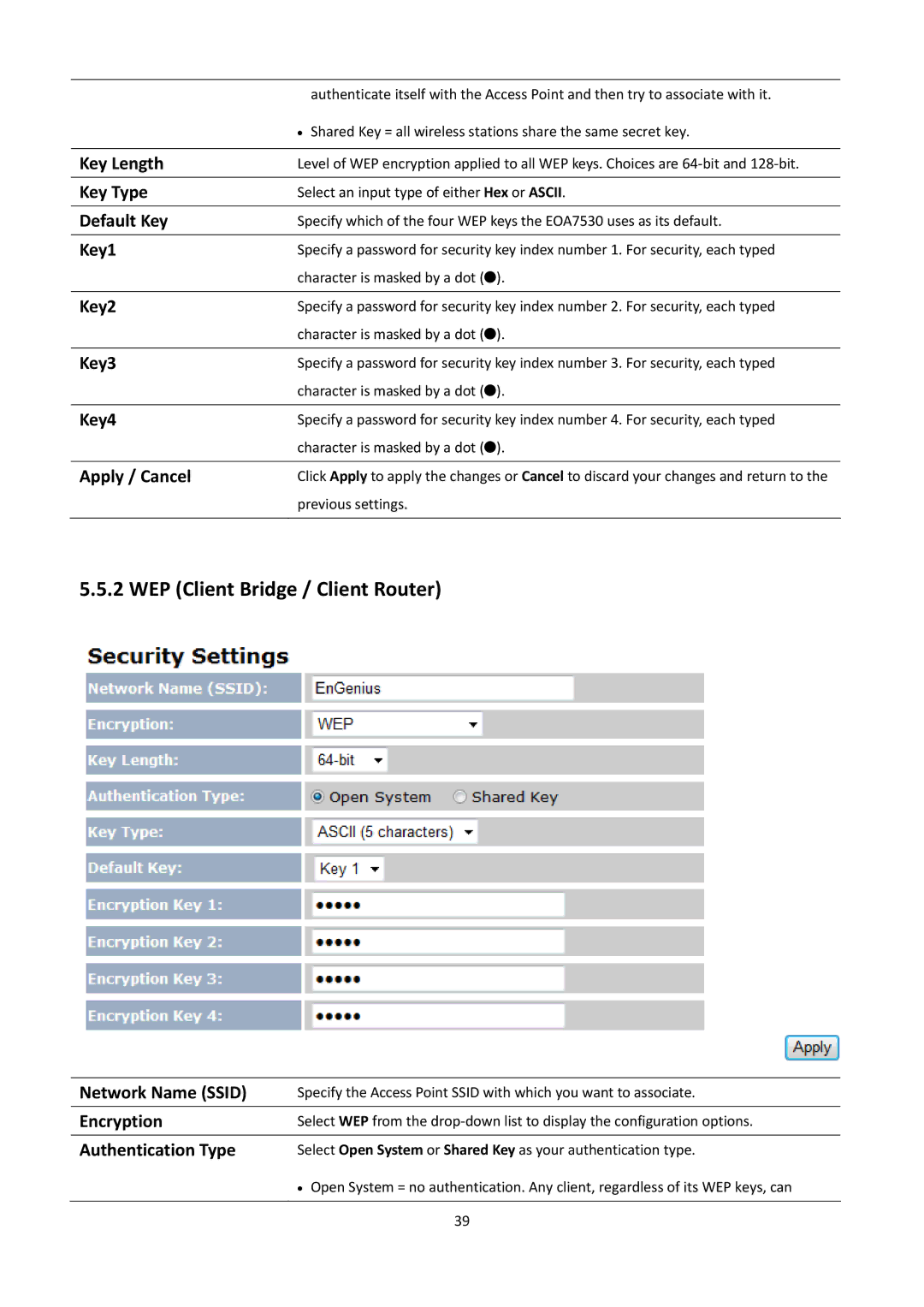 EnGenius Technologies EOA7530 manual WEP Client Bridge / Client Router 