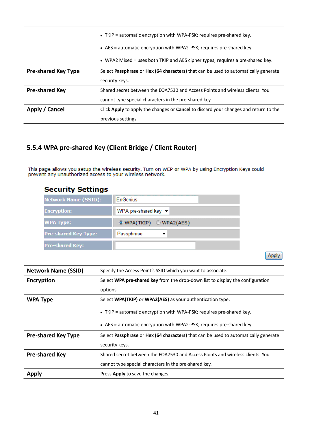 EnGenius Technologies EOA7530 manual WPA pre‐shared Key Client Bridge / Client Router, Pre‐shared Key Type 