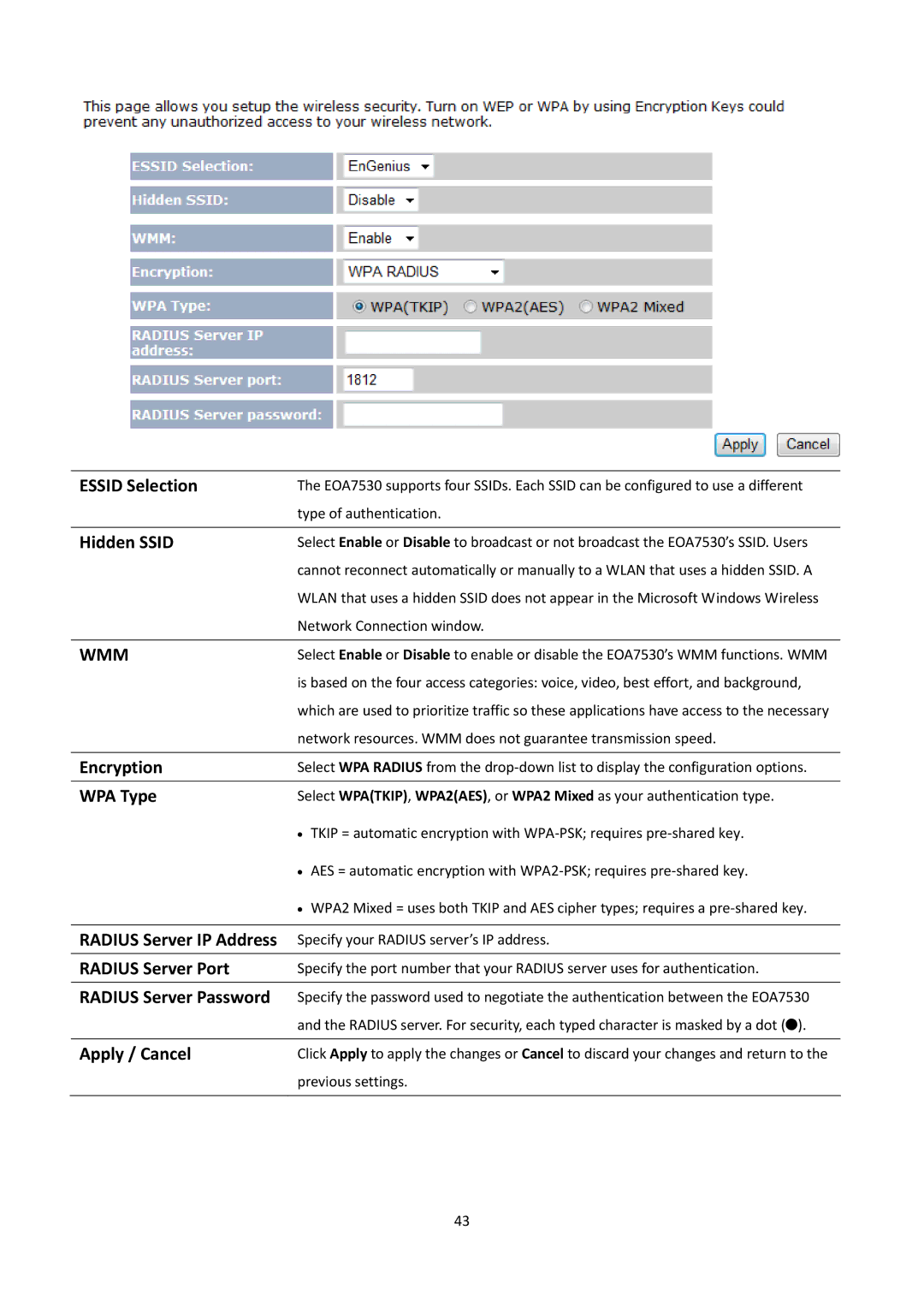 EnGenius Technologies EOA7530 manual Radius Server IP Address, Radius Server Port, Radius Server Password 