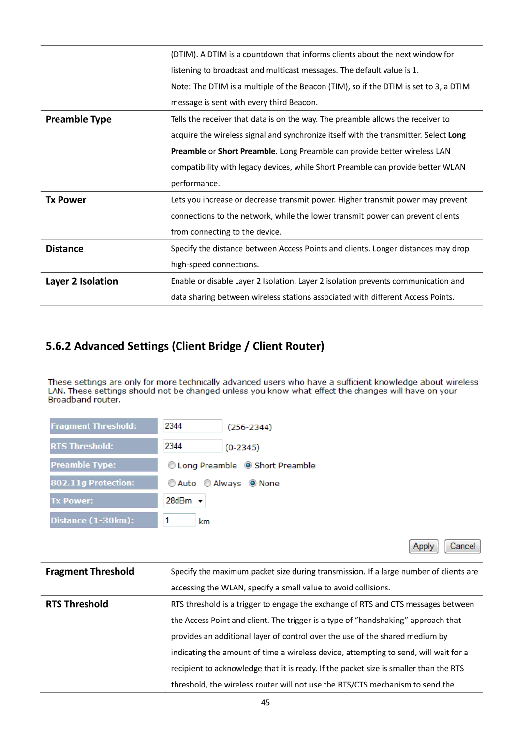 EnGenius Technologies EOA7530 manual Advanced Settings Client Bridge / Client Router, Preamble Type, Tx Power, Distance 