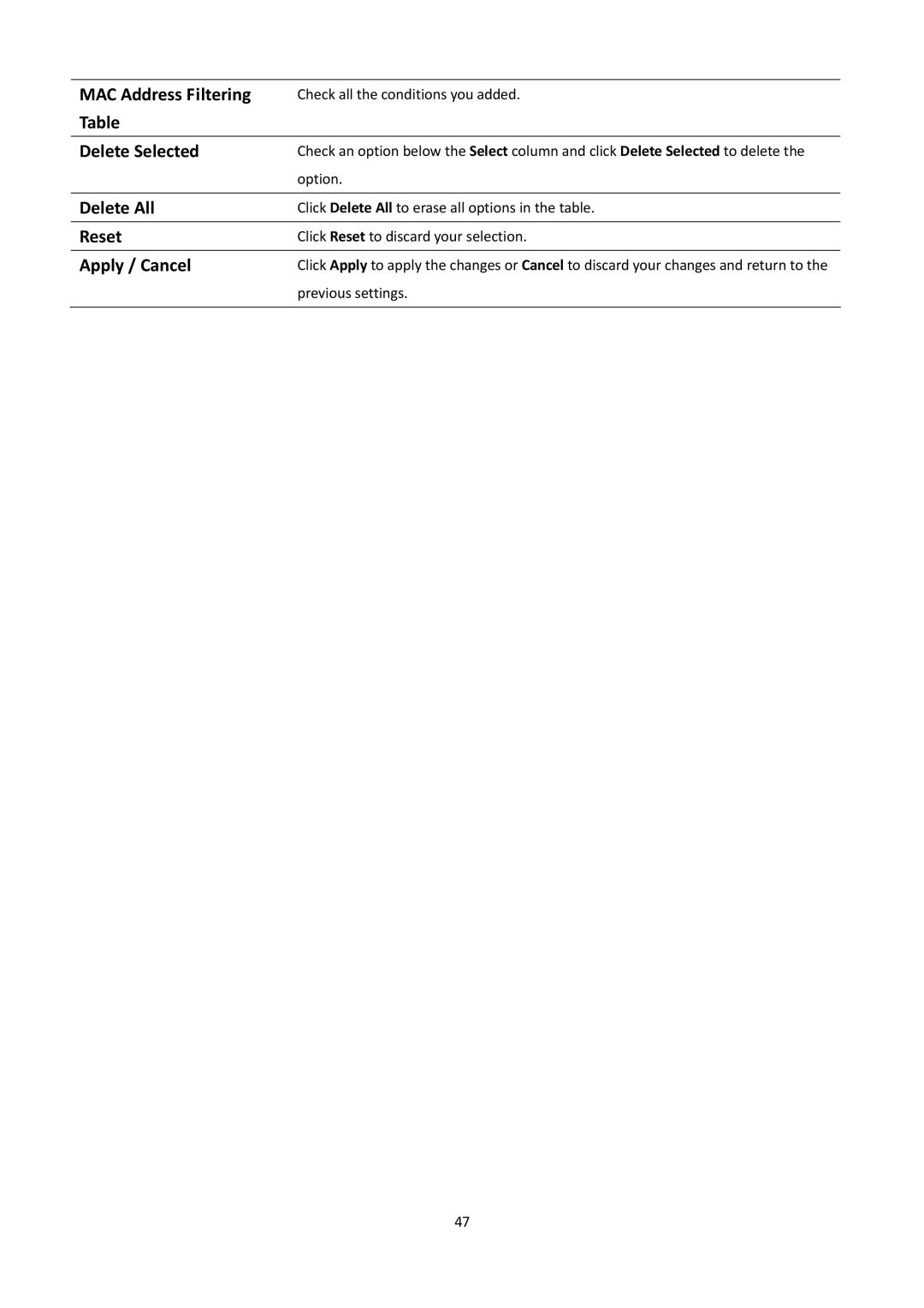 EnGenius Technologies EOA7530 manual MAC Address Filtering, Delete Selected, Delete All 